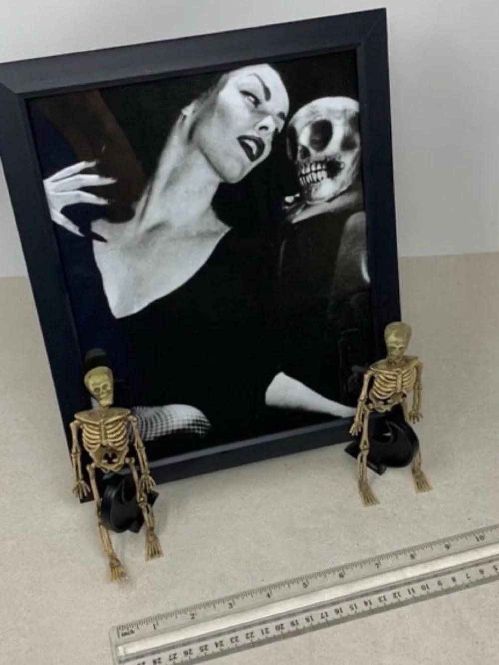 Vampira embracing skull, Framed Gothic Portrait Picture Frame, skeletons & stand